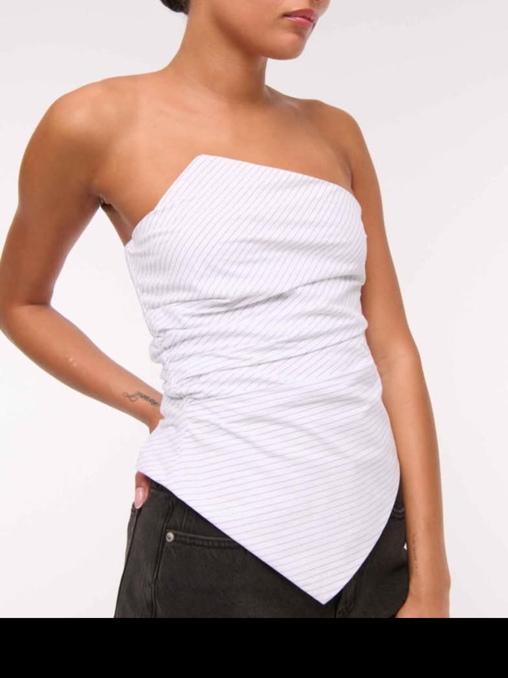 Abercrombie & Fitch White Pinstripe Strapless Handkerchief Hem Top
